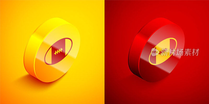 Isometric Rugby ball icon isolated on orange and red background. Circle button. Vector